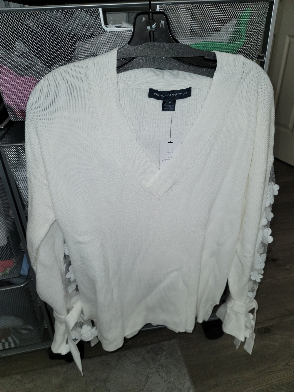 French Connection White V-Neck Sweater with Floral Tie Sleeves